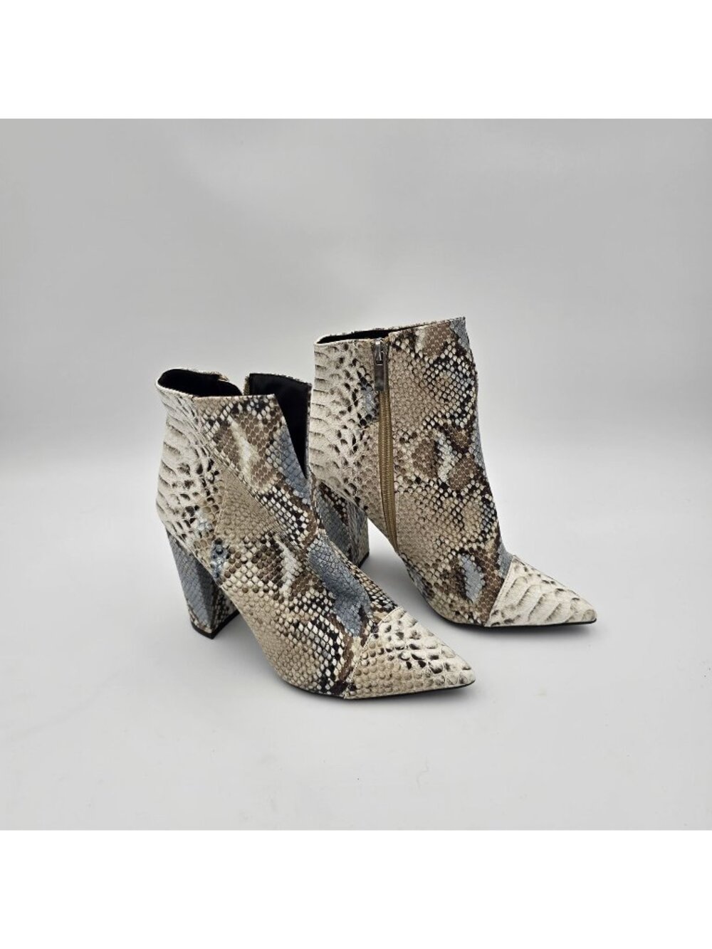 Snakeskin Print Pointed Toe Ankle Boots  Beige & Brown Faux Leather 4" Heels